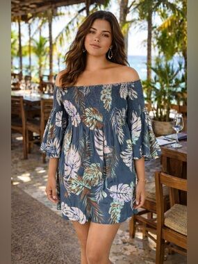ILLA ILLA Slate Blue Tropical Off-Shoulder Dress with Pastel Leaf Print